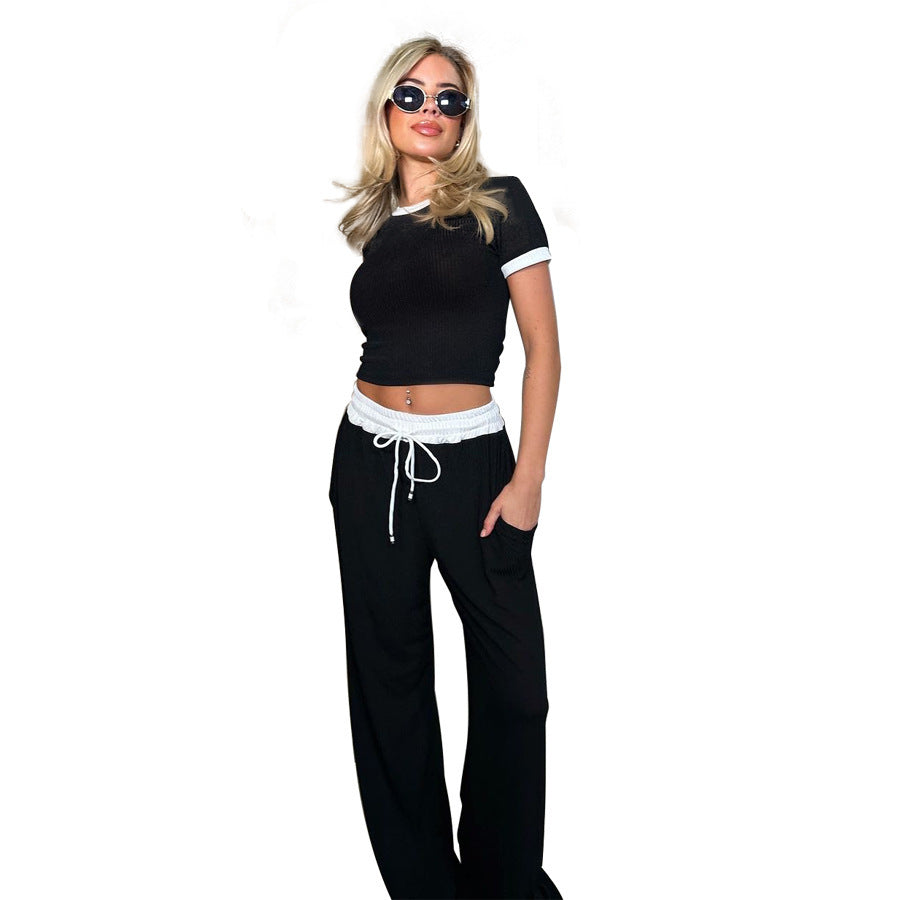 Round Neck Contrast Color Women's Fashion Casual Wide-leg Pants Sports Suit -