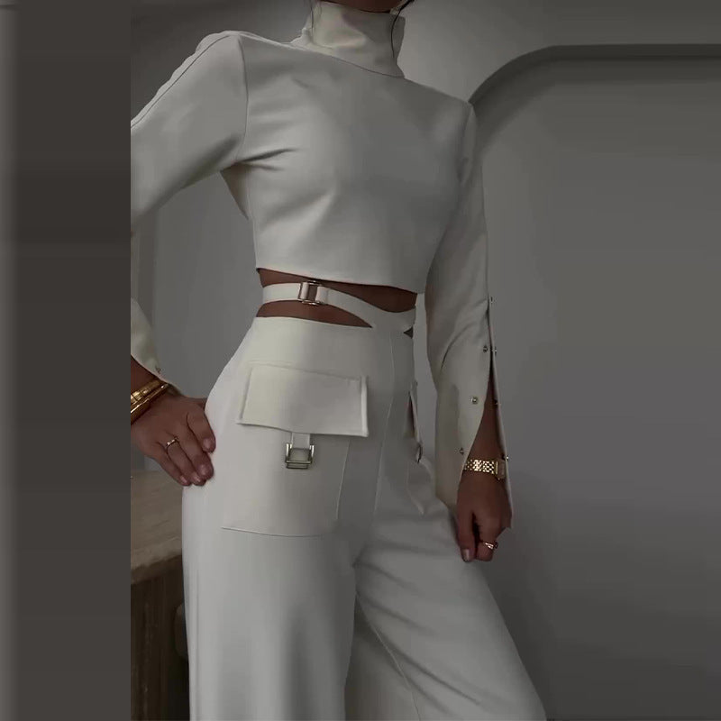 High Collar Midriff-baring Loose Wide Leg Library Suit -