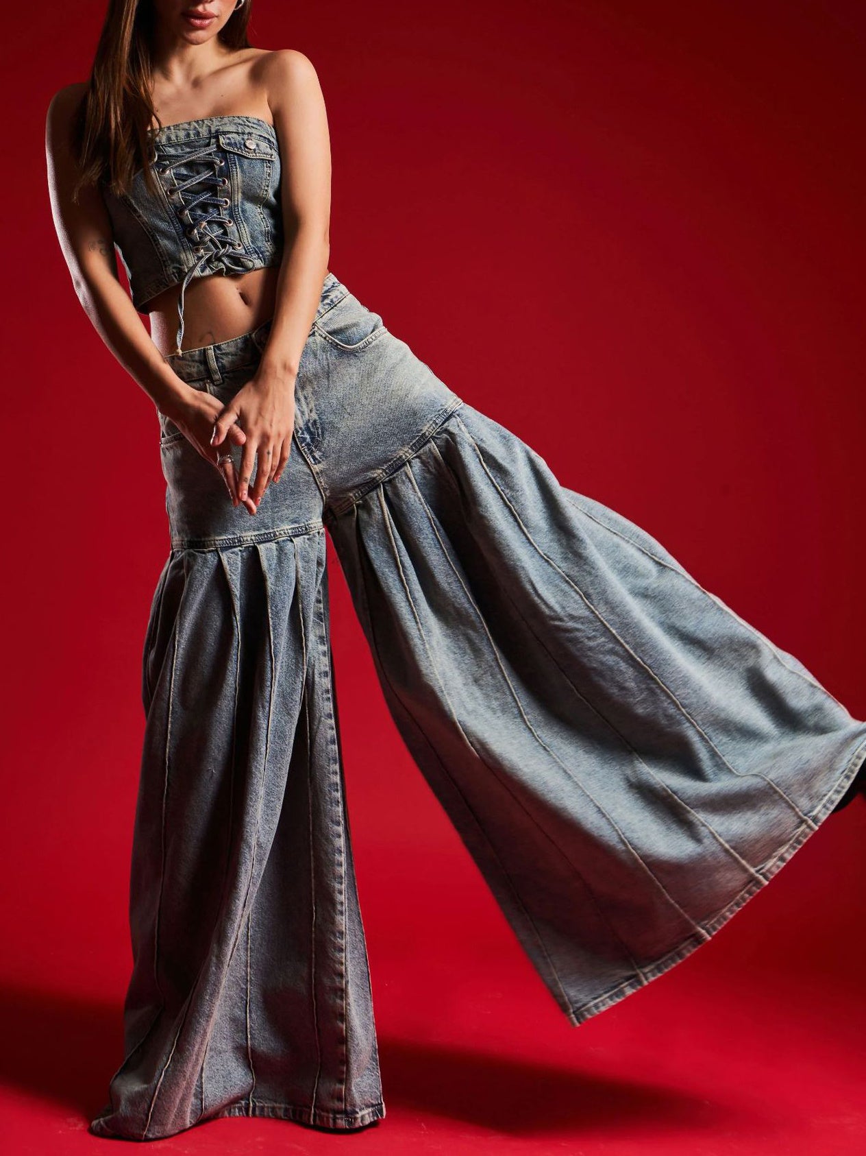 Strapless Denim Corset Crop Top & High - Waisted Pleated  Wide - Leg Pants Set -