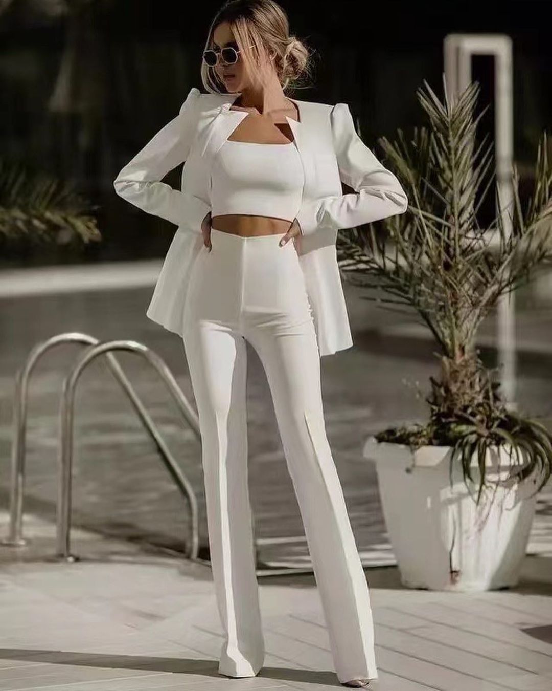 European And American Fashion Commute Midriff-baring Solid Color Suit Suit -