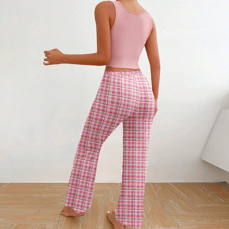 Spring Summer Women's Casual Pajamas Home Wear Vest Color Matching Plaid Trousers Letter Print Top Ladies 2 Pcs Home Clothes Sleepwear -
