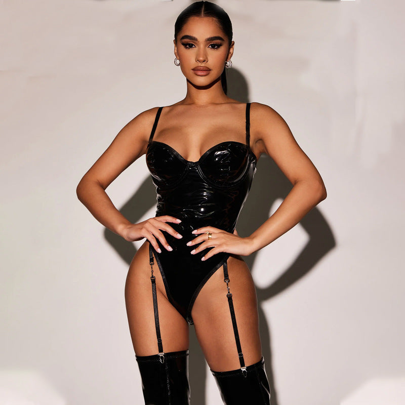 Patent Leather Sling Garter Sexy Lingerie Set -