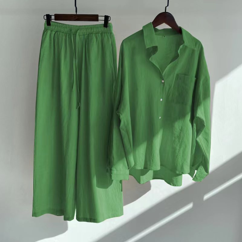 Cross-border Women's Ancient Cotton And Linen Shirt Outfit High Waist Loose Trousers -