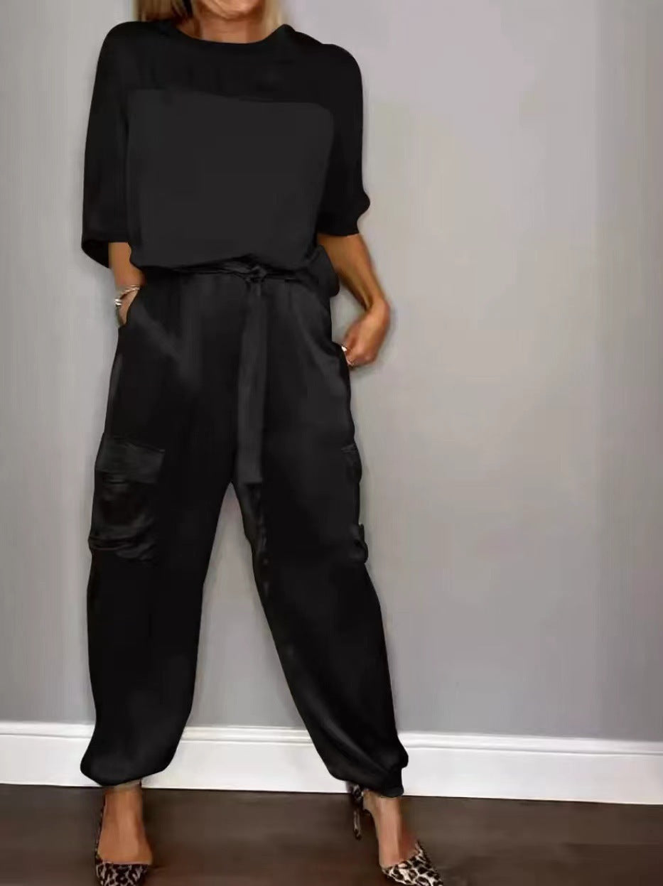 Fashion Women's Smooth Satin Half Sleeve Top Blouse And Pants Two-piece Set -