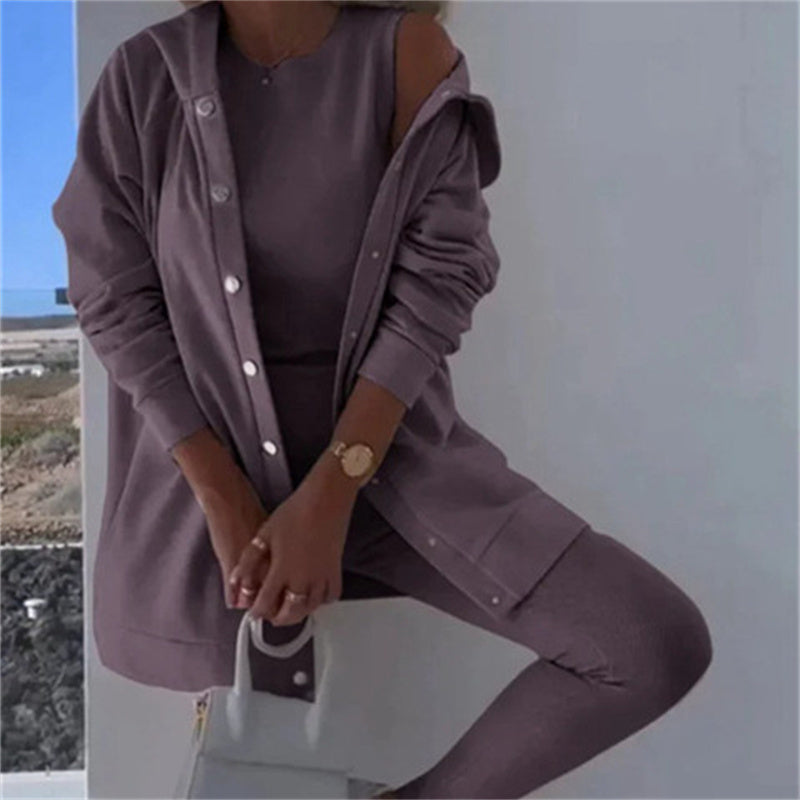 Women's Fashion Sports And Leisure Hooded Sweater Vest Pants Three-piece Set -