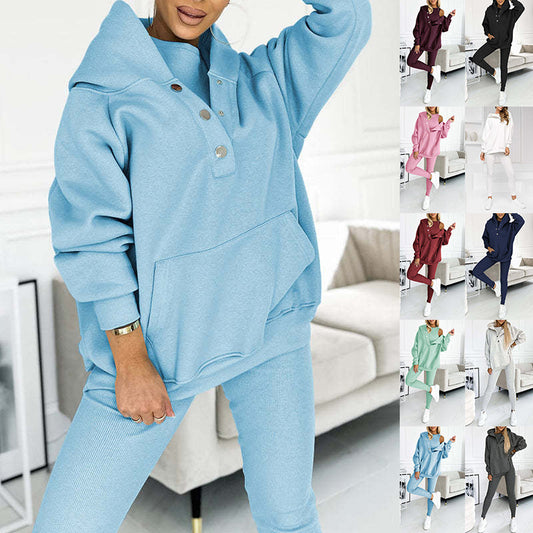 3pcs Women's Sports Suit Loose Hooded Pockets Sweatshirt And Vest And Slim Trousers -