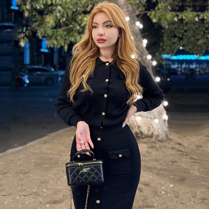 Elegant Pleated Slim-fit Lapel Woolen Skirt Two-piece Suit -