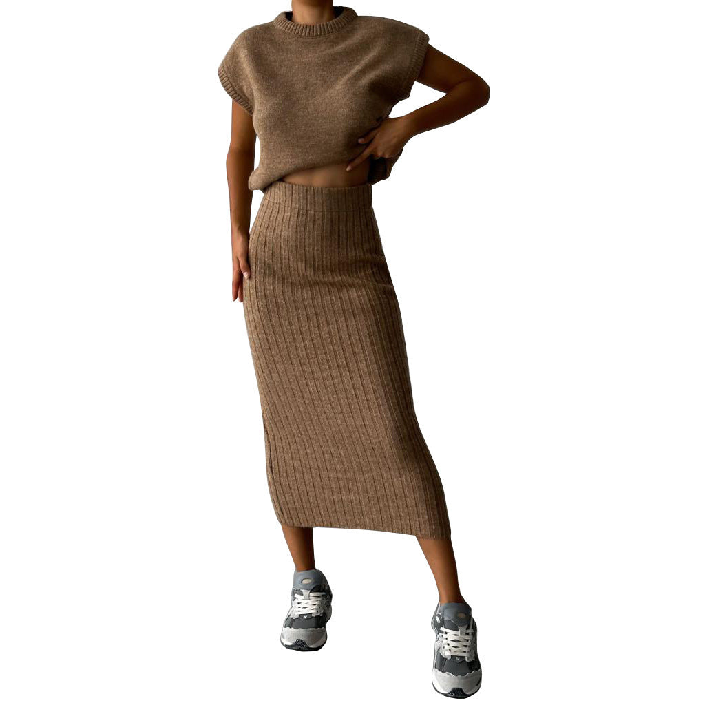 Sweater Suit Women's Sleeveless Pullover Coat Skirt -