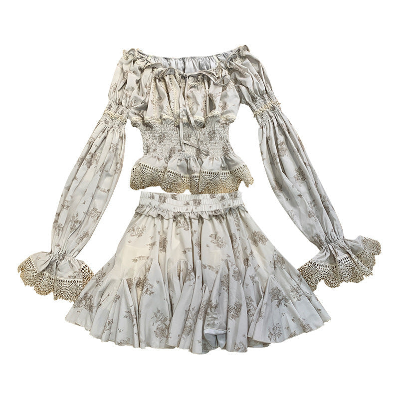 Printed Waist Lace One Word Collar Top Temperament -