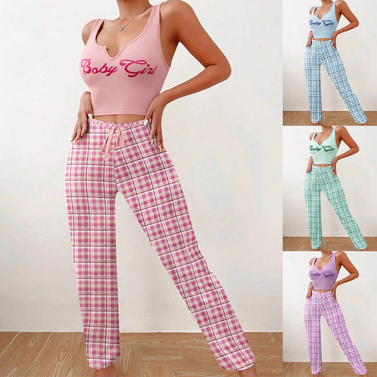 Spring Summer Women's Casual Pajamas Home Wear Vest Color Matching Plaid Trousers Letter Print Top Ladies 2 Pcs Home Clothes Sleepwear -
