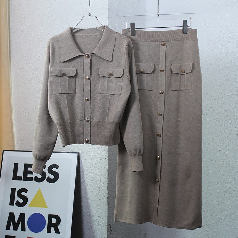 Elegant Pleated Slim-fit Lapel Woolen Skirt Two-piece Suit -