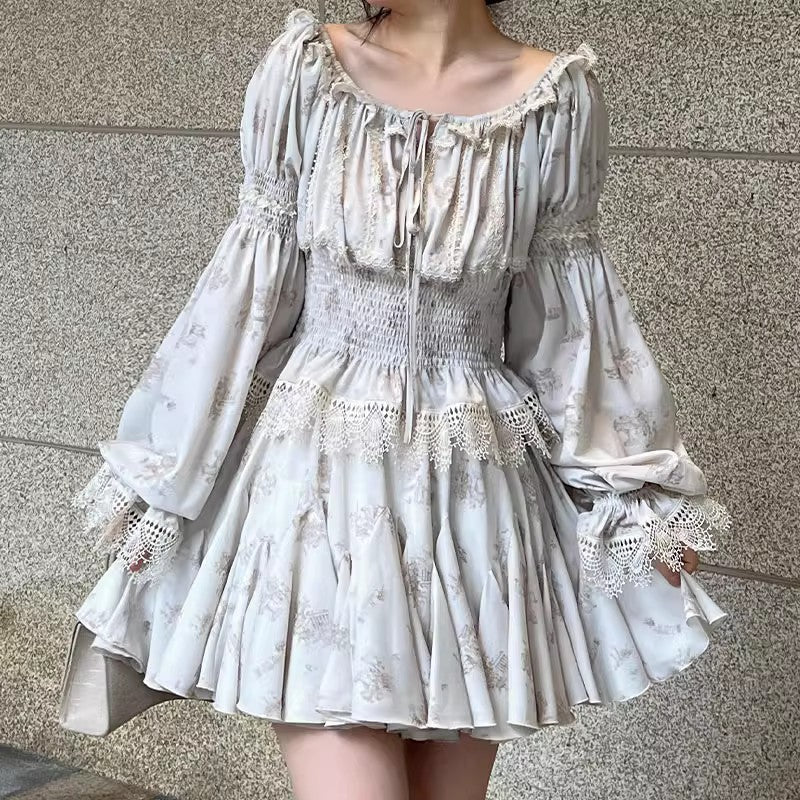Printed Waist Lace One Word Collar Top Temperament -