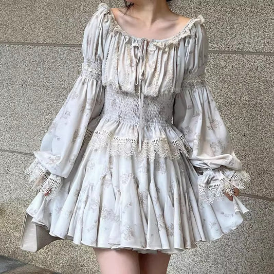 Printed Waist Lace One Word Collar Top Temperament -