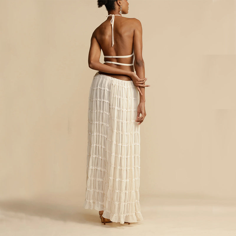 Set Plajă : Top Halter Spate Decoltat + Fustă Lungă Plisată -