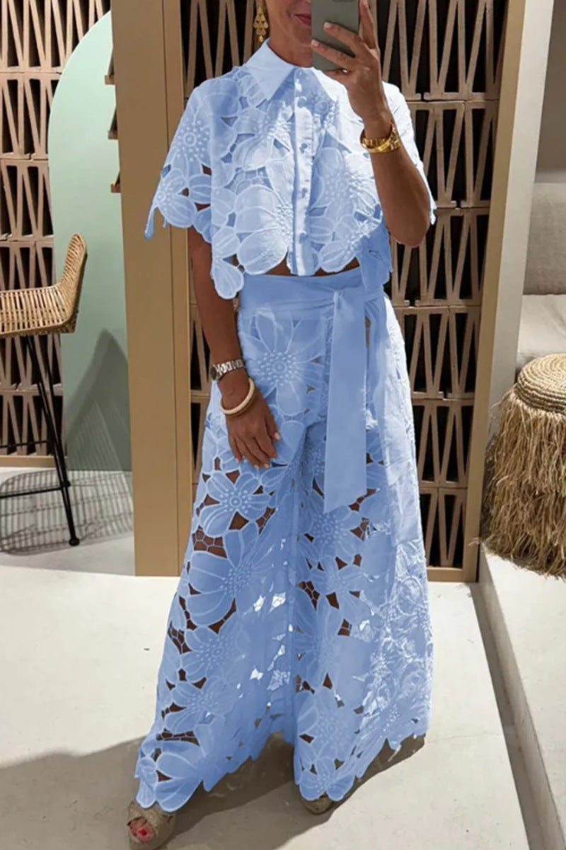 Solid Color Sexy Cutout Cardigan Top Wide Leg Pants Two-piece Set -