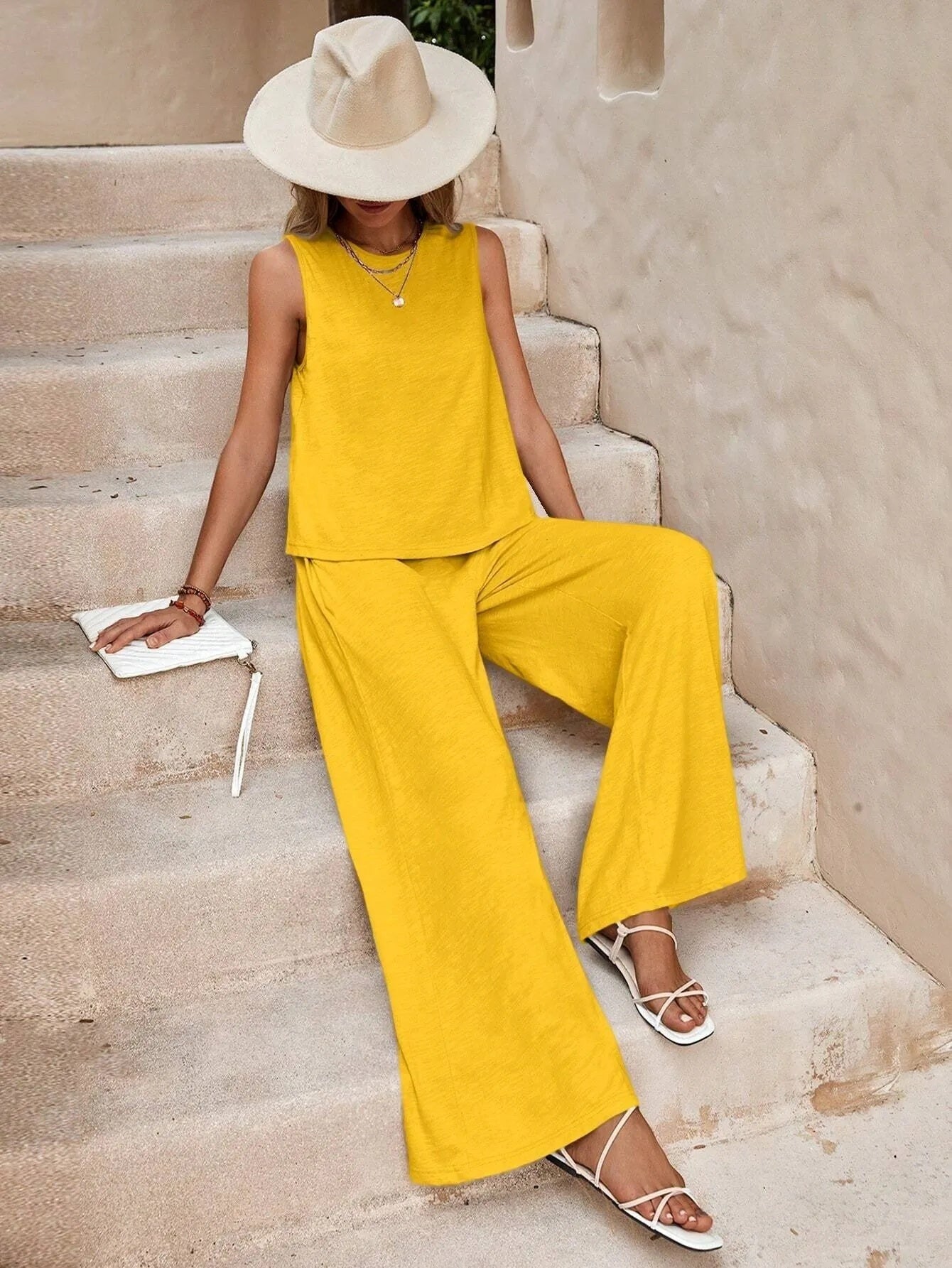 Solid Color Casual Loose Pants Sets For Women Elegant Spring Summer Women's Two Pieces Suit Full Trouser Set Female Outfit Clothes -