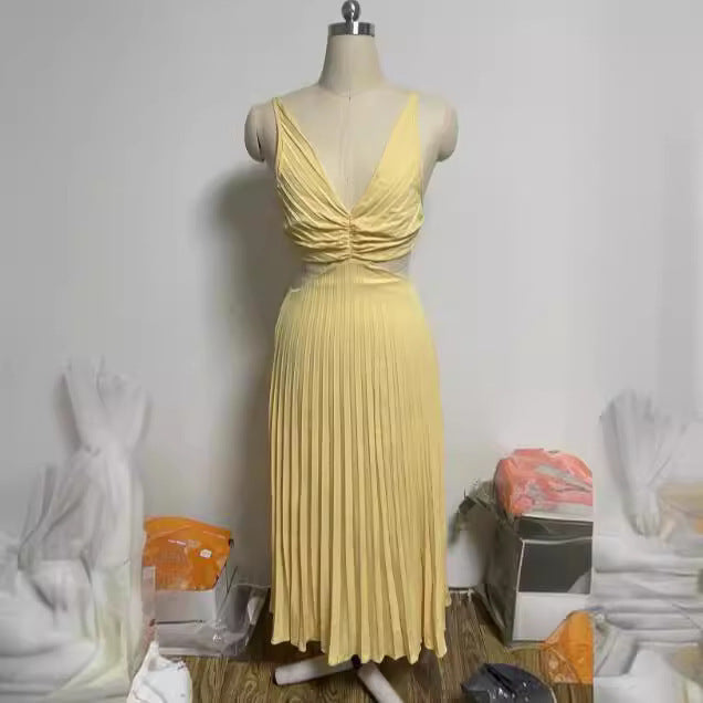 Rochie de Vară cu Curele, V-Neck - Talie Decupată, Spate Liber -