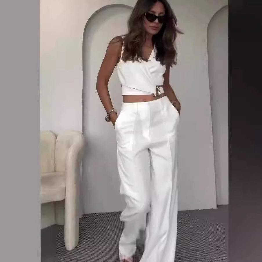 Women's Fashion Cross Slim Sleeveless Vest High Waist Wide Leg Pants Suit -
