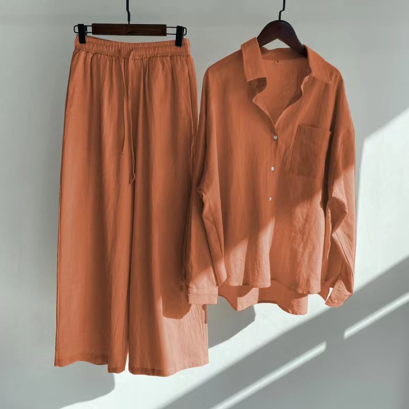 Cross-border Women's Ancient Cotton And Linen Shirt Outfit High Waist Loose Trousers -
