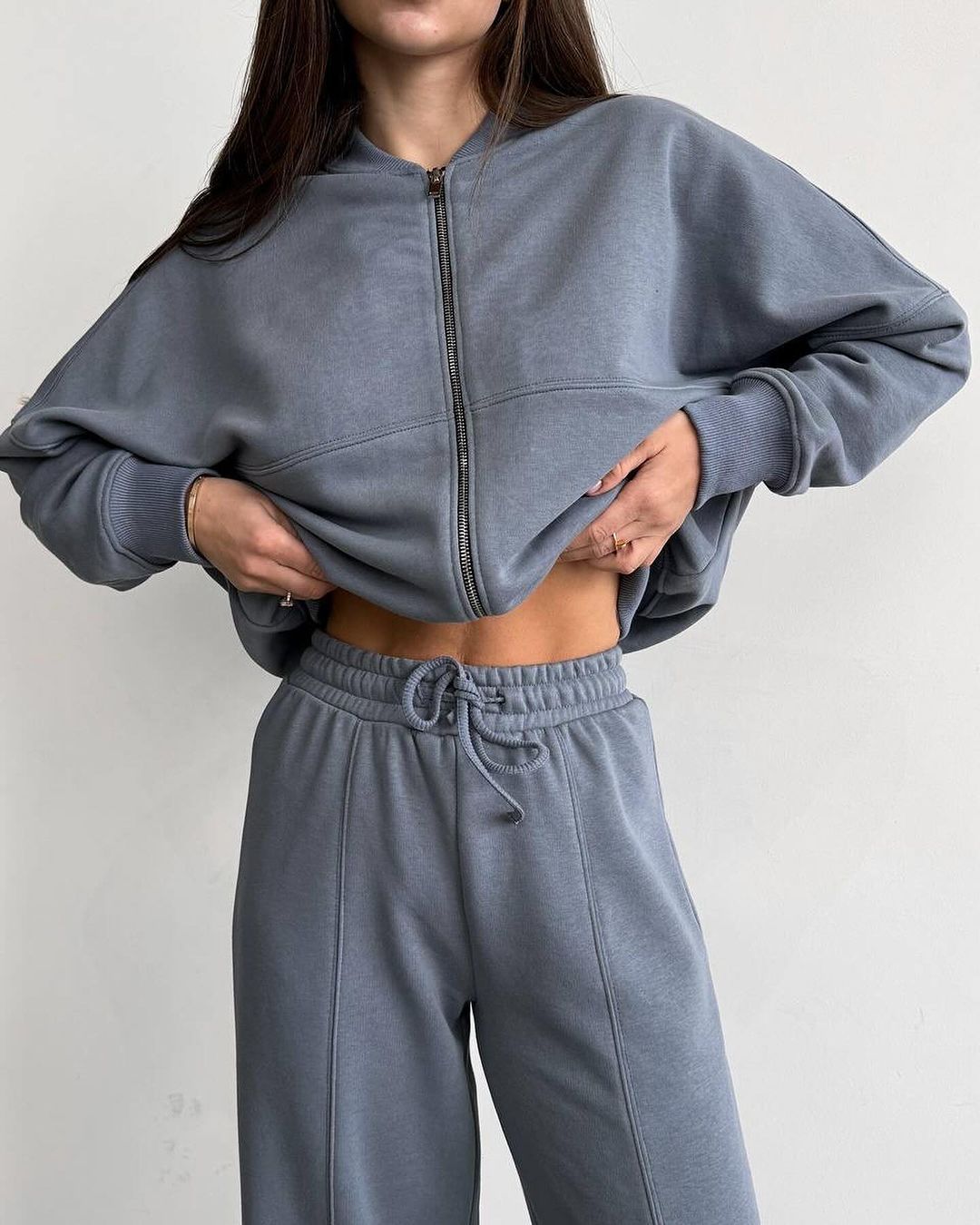 Spring Fashion Solid Color Zipper Cardigan Straight-leg Pants Women's Suit -