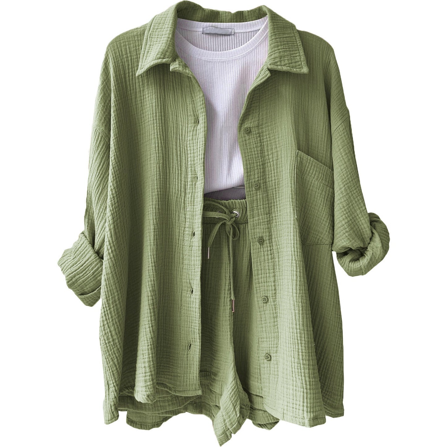 Women's Wrinkled Fabric Lapel Long Sleeved Shirt Shorts Fashion Casual Set -