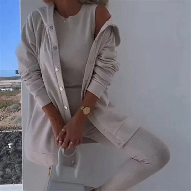 Women's Fashion Sports And Leisure Hooded Sweater Vest Pants Three-piece Set -