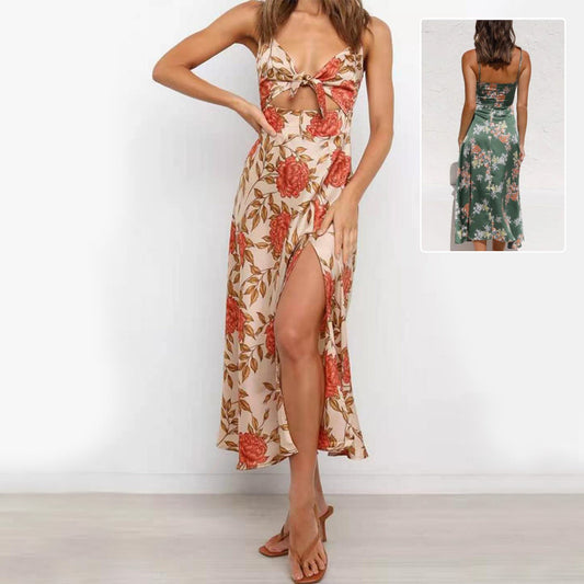 Rochie Beach cu Curele și Fentă laterală - Imprimeu Floral, Talie Decorativă -