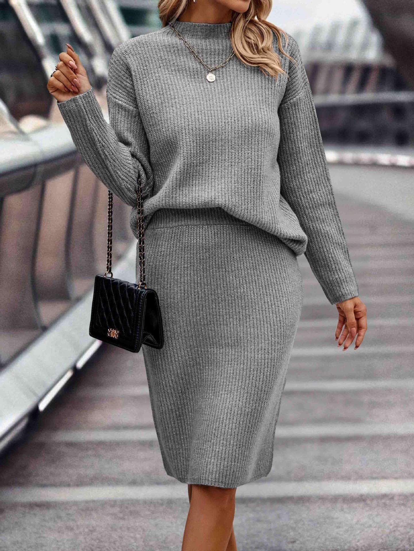 European And American Autumn And Winter Solid Color Long Sleeve Fashion Mock Neck Sweater Women's Suit -