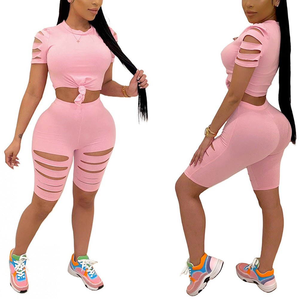Fashion Casual Sports Suit Broken Hole Women Clothing -