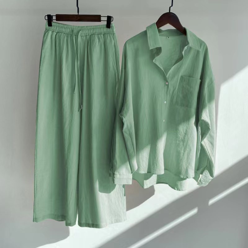 Cross-border Women's Ancient Cotton And Linen Shirt Outfit High Waist Loose Trousers -
