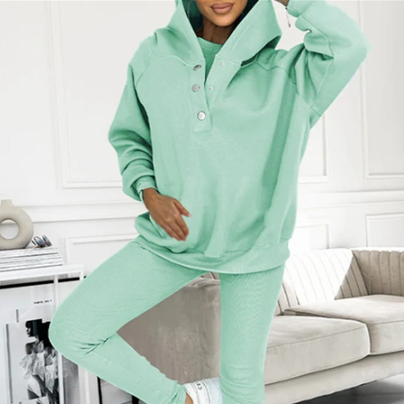 3pcs Women's Sports Suit Loose Hooded Pockets Sweatshirt And Vest And Slim Trousers -