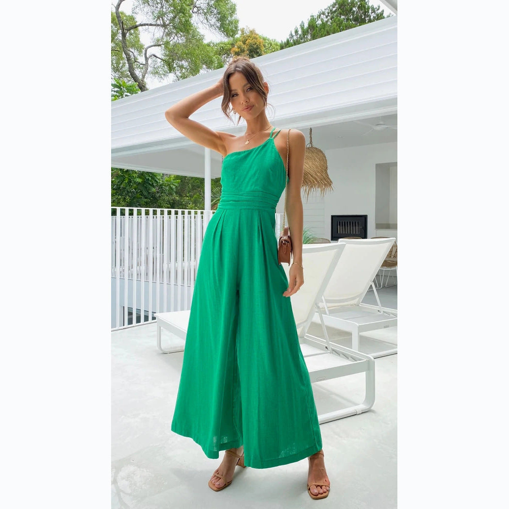 New Solid Color Loose Wide-leg Cotton And Linen Jumpsuit -