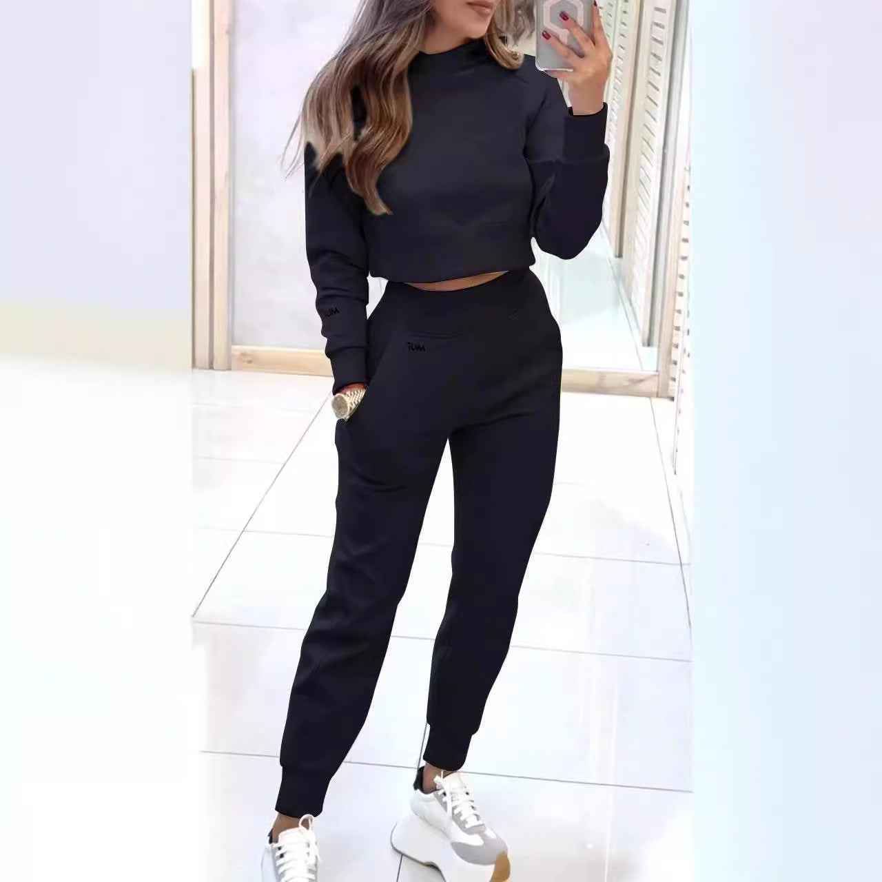Set Sport-Casual Feminin: Top Mâneci Lungi, Pantaloni Drepți cu Buzunare -