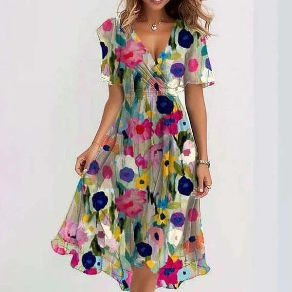 Rochie Elegantă de Vară din Chiffon - Imprimeu Floral, Decolteu V -