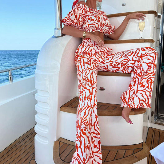 Women's Fashionable Temperament Off-shoulder Short-sleeved Trousers Two-piece Set -