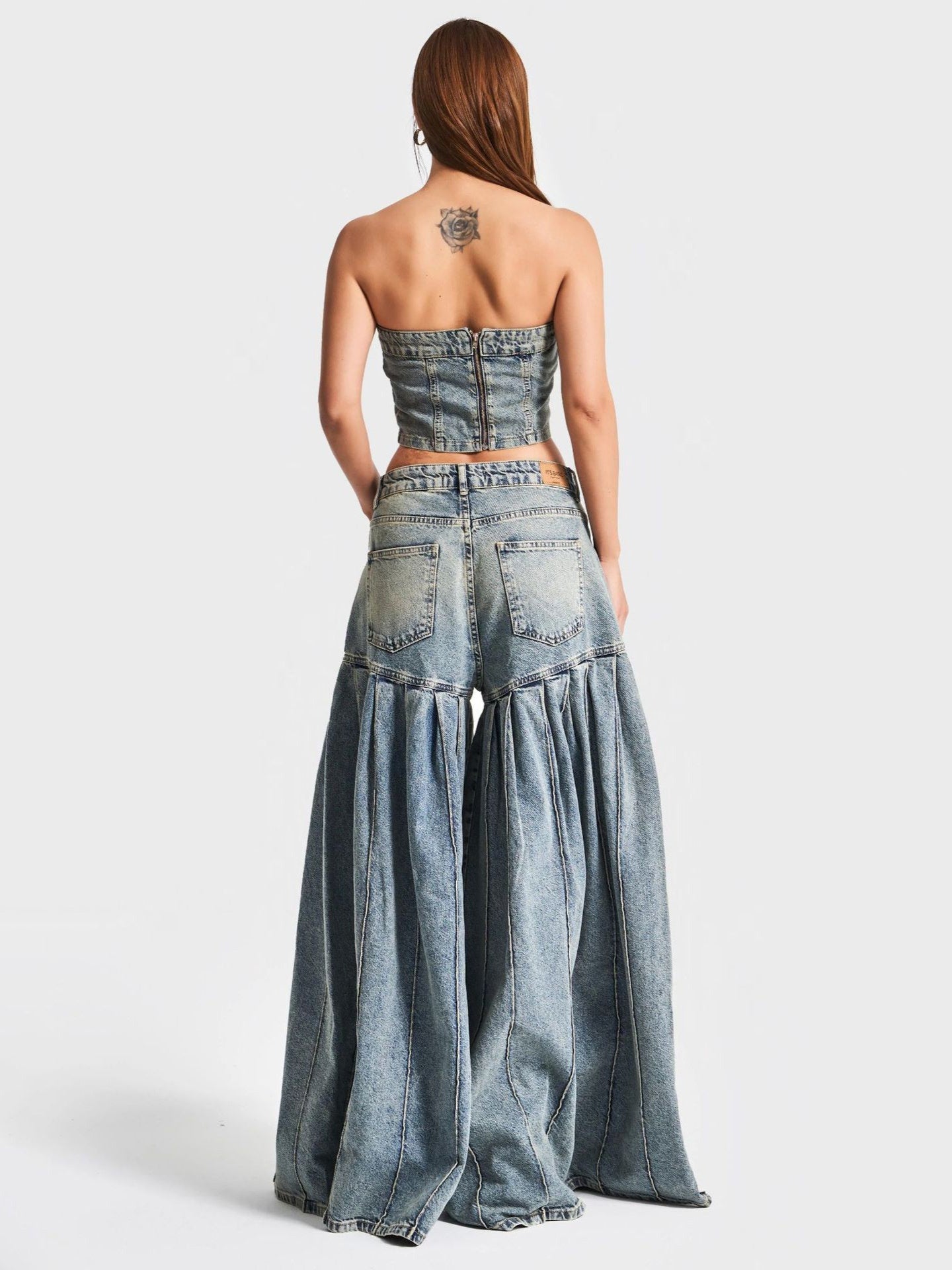 Strapless Denim Corset Crop Top & High - Waisted Pleated  Wide - Leg Pants Set -