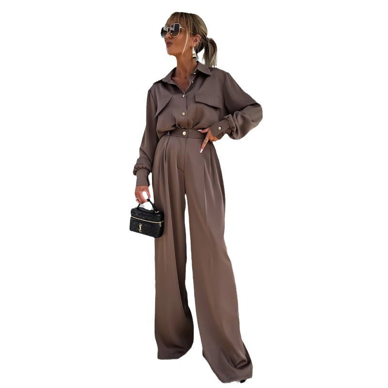 Long Sleeve Faux Pocket Shirt & Loose Trousers Two-piece Set -