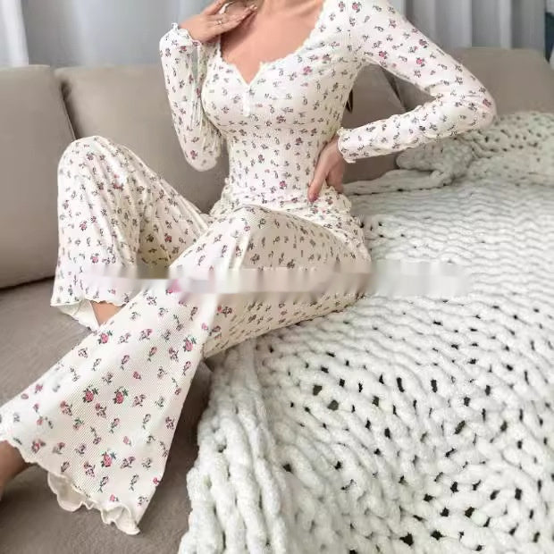 Small Floral Print Lettuce Edge Lace Collar Button Pajamas Suit -