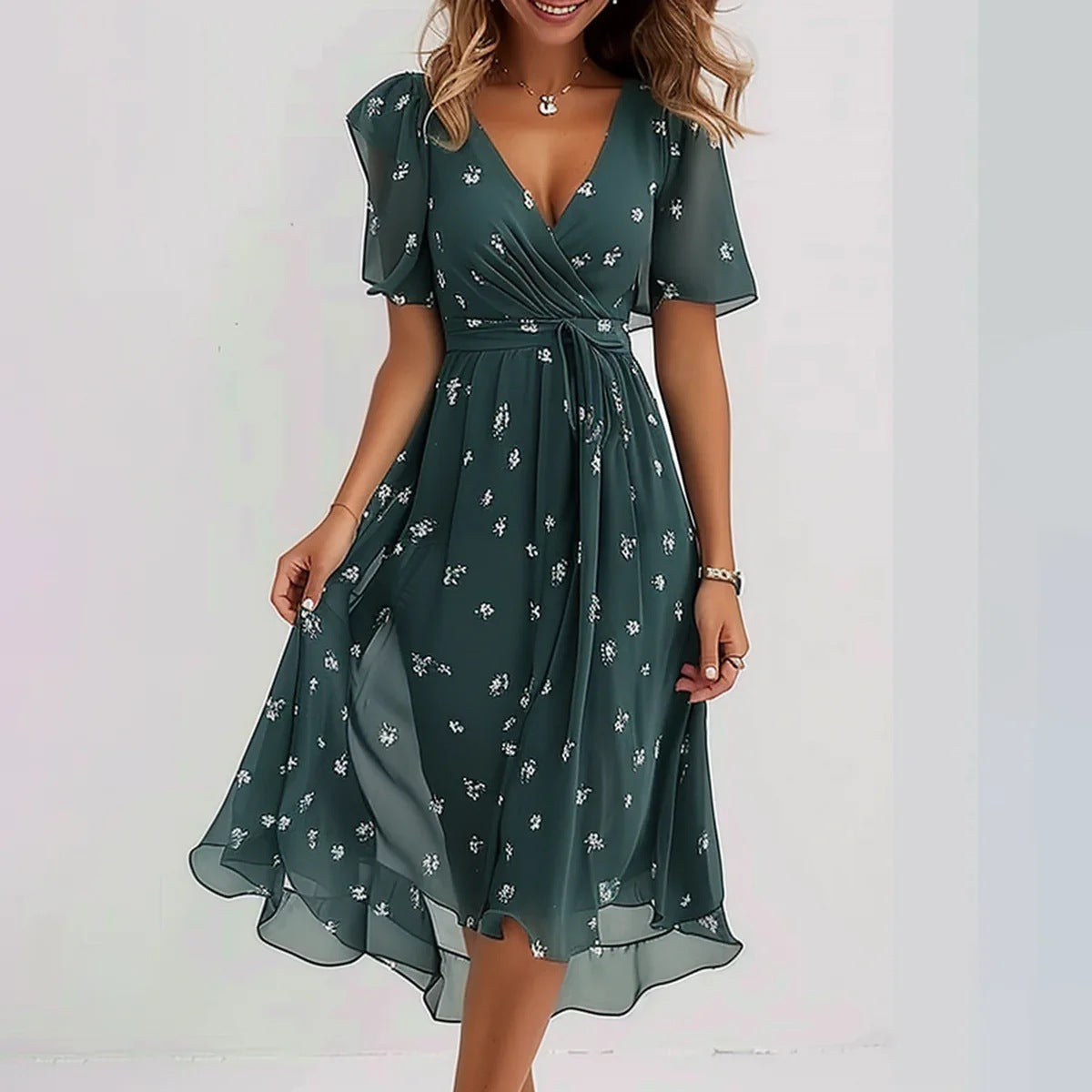 Rochie Elegantă de Vară din Chiffon - Imprimeu Floral, Decolteu V -