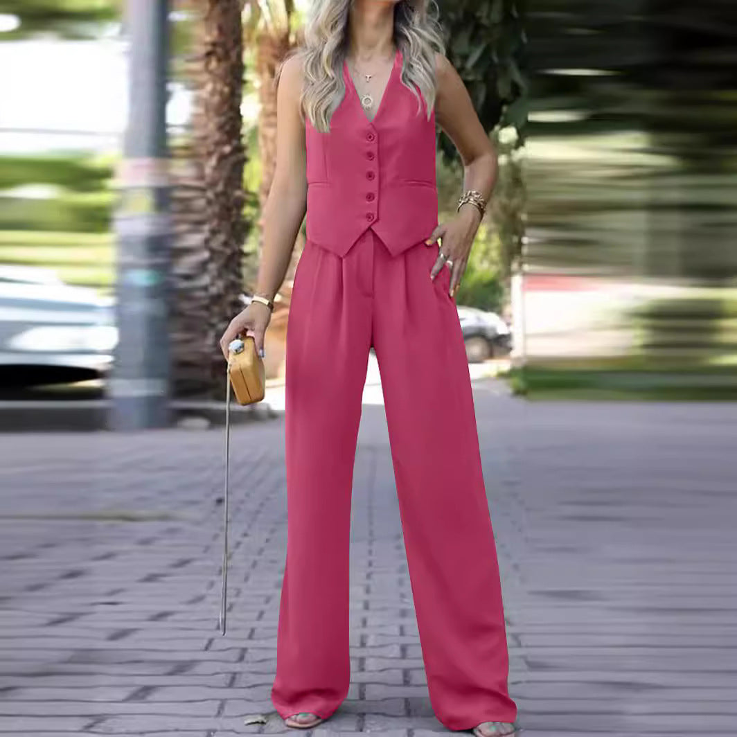 V-neck Sleeveless Waistcoat Vest Drooping Wide-leg Pants Suit -
