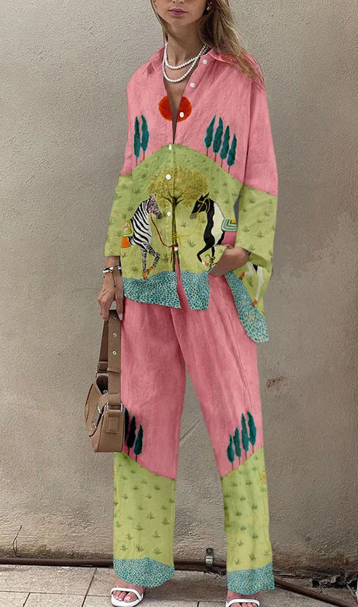 Women's Casual 3D Digital Printing Fashion Shirt And Trousers -