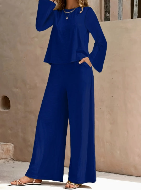 Spring And Autumn Solid Color Simple Round Neck Long Sleeve Side Pocket High Waist Wide Leg Trousers Set -