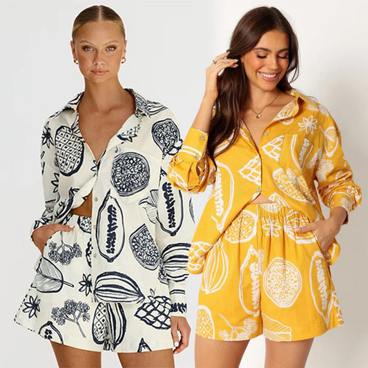 Early Autumn Casual Premium Fruit Printed Shorts Cardigan Suit -