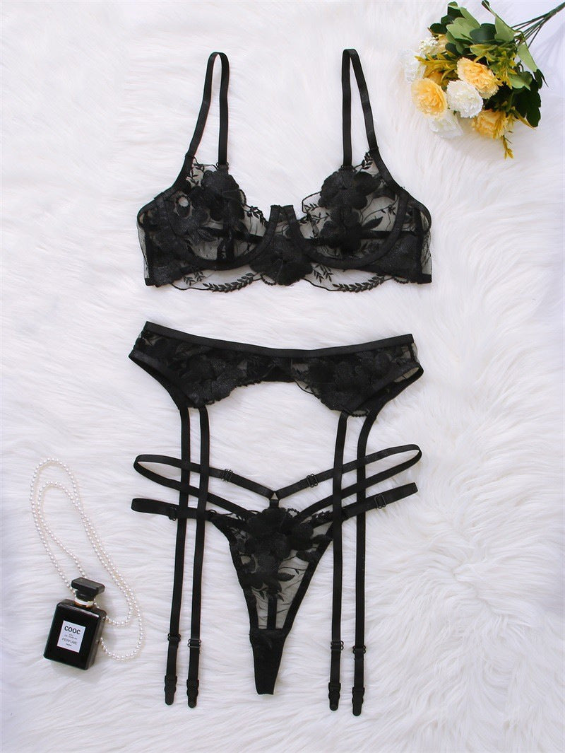 New Embroidered Sexy Lingerie Suit Three-piece Set With Steel Ring -