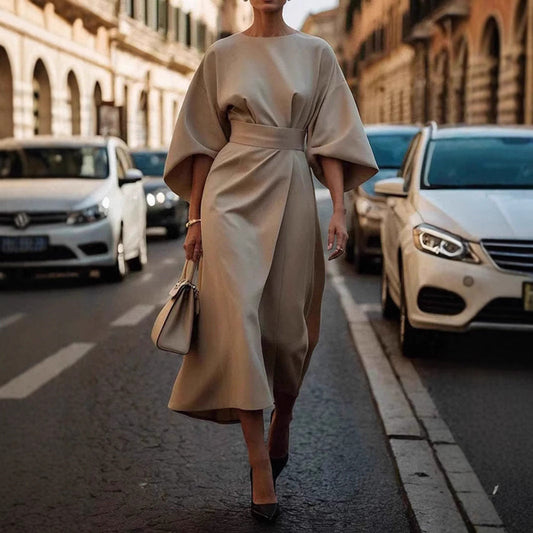 Loose Batwing Sleeve Dress Fashion Waist-tighted Solid Color Elegant Dresses For Women Clothing -