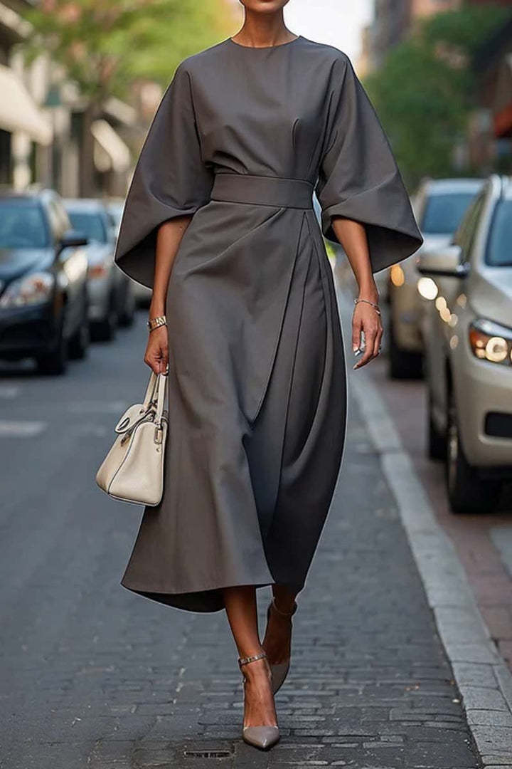 Loose Batwing Sleeve Dress Fashion Waist-tighted Solid Color Elegant Dresses For Women Clothing -
