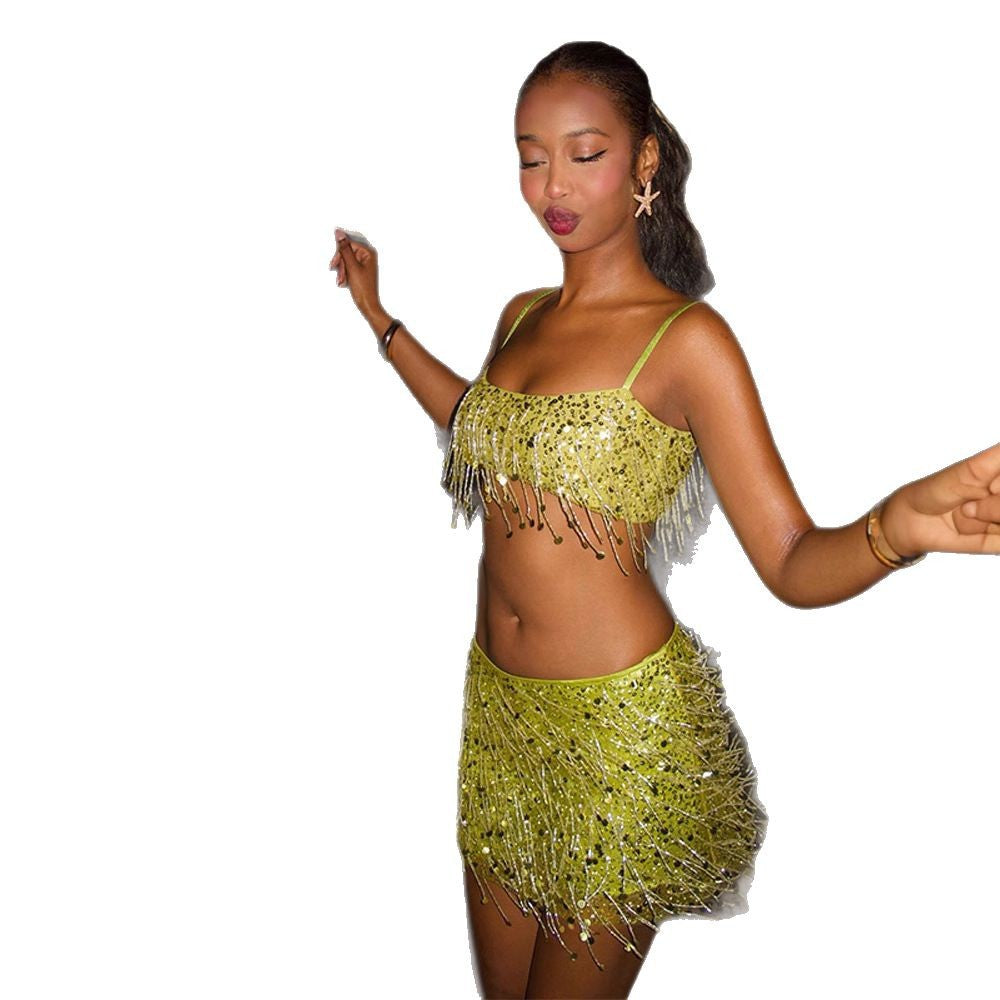 Tassel Sequins Crystal Beads Short Skirt Overall Dress Set -