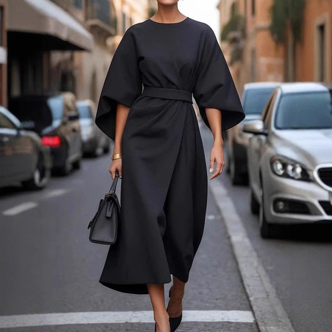 Loose Batwing Sleeve Dress Fashion Waist-tighted Solid Color Elegant Dresses For Women Clothing -