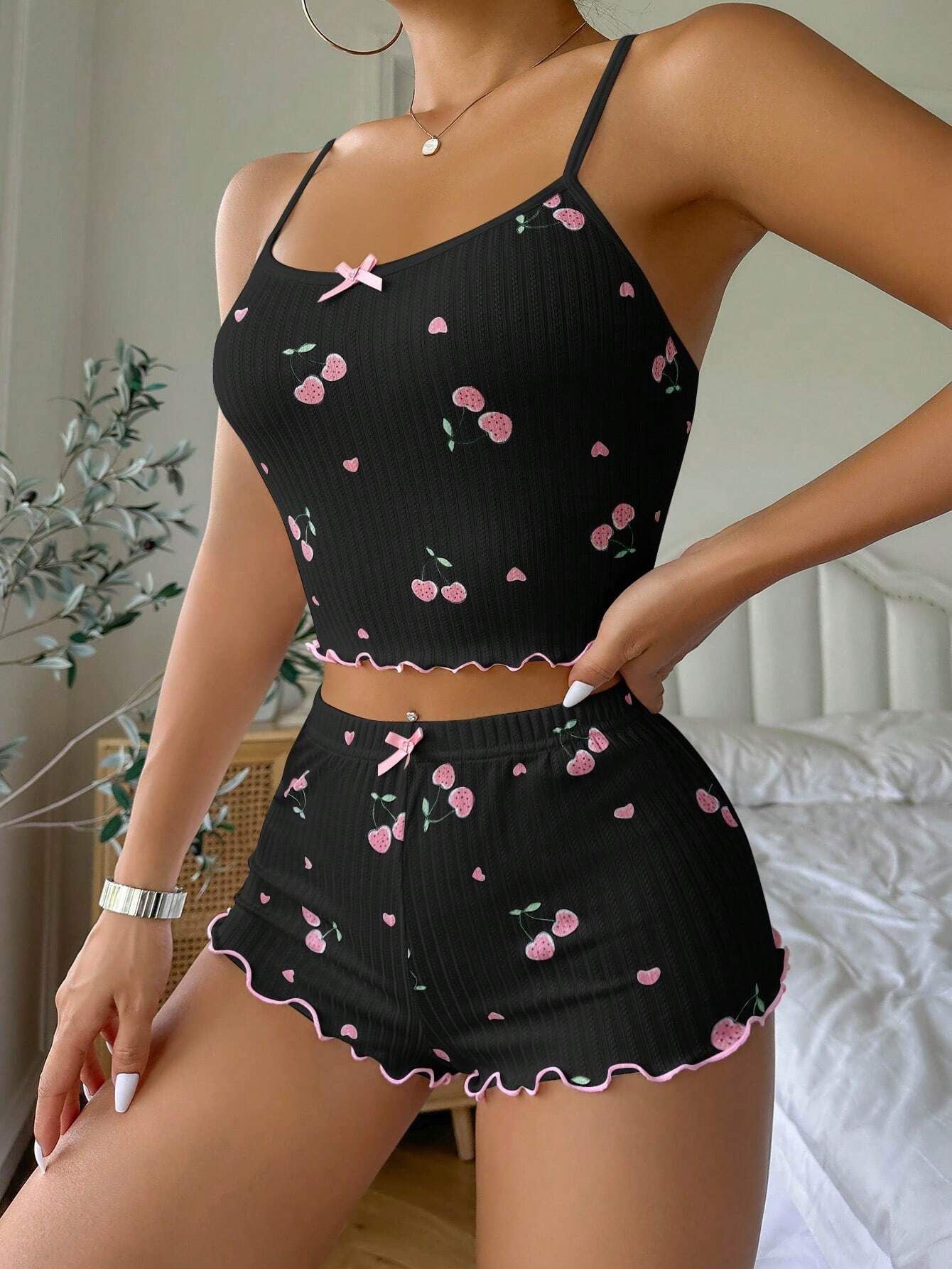 Summer Suspender Elastic Shorts Pajamas Women's Suit -