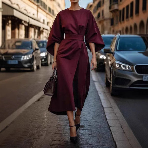 Loose Batwing Sleeve Dress Fashion Waist-tighted Solid Color Elegant Dresses For Women Clothing -